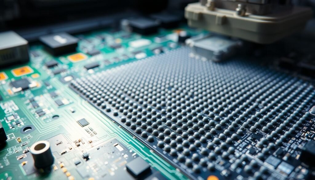 A close-up view of a printed circuit board with a large ball grid array (BGA) component, showcasing the intricate solder joints under bright, evenly distributed lighting. The image captures the precision and complexity of Informic Electronics' BGA assembly and inspection process, with a sharp focus on the subtle details and textures of the solder connections. The scene conveys a sense of technical expertise and quality control, emphasizing the challenges of assembling and inspecting large BGA FPGAs.