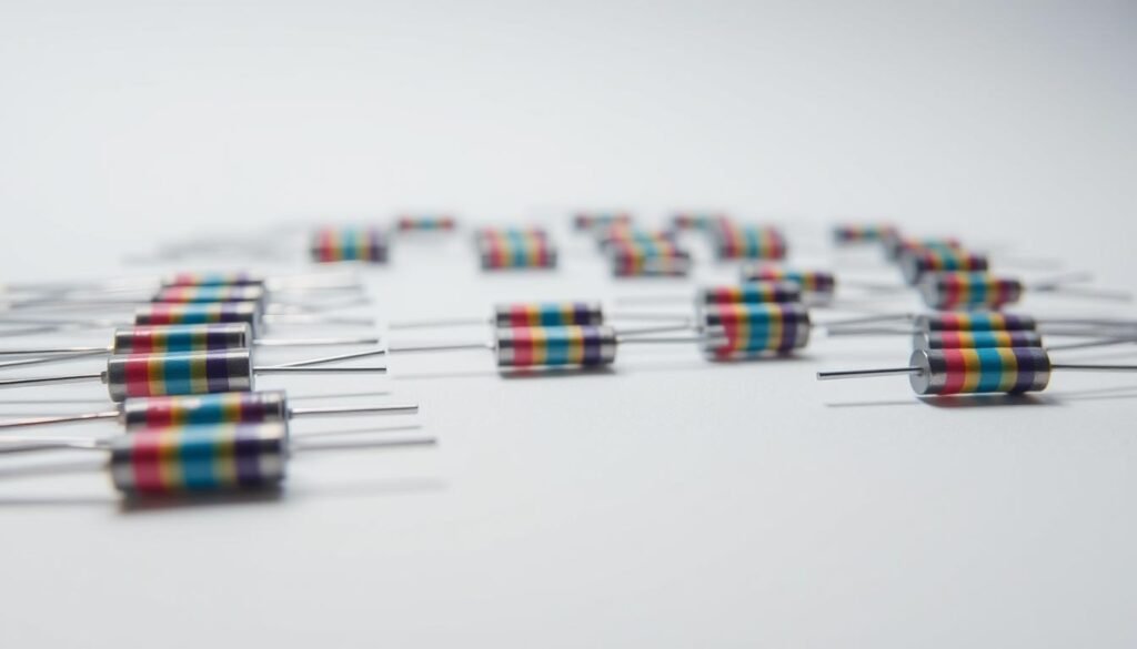 A close-up view of a selection of Informic Electronics SMD resistors, showcasing their intricate color-coded bands and precise dimensional details. The resistors are arranged in a clean, organized manner against a minimalist white background, illuminated by soft, diffused lighting that accentuates their metallic surfaces and intricate details. The foreground focuses on the resistors, while the middle ground provides a sense of scale and context, with additional resistors and components visible in the background, creating a cohesive and informative visual composition.