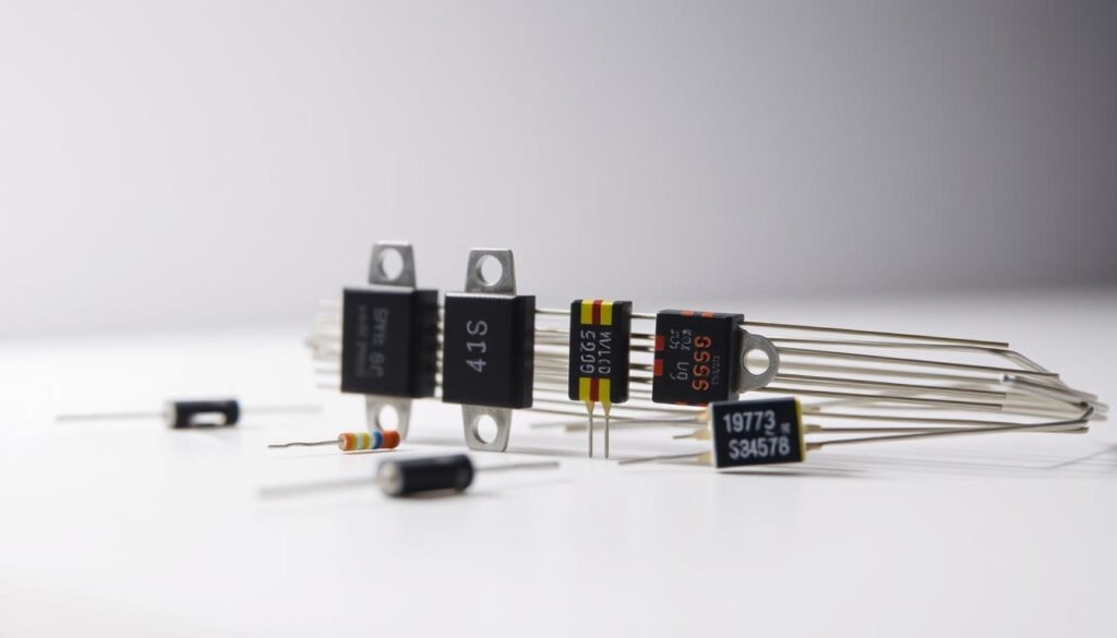 A close-up view of a selection of SMD (surface mount device) resistors from the Informic Electronics brand, arranged neatly on a clean, well-lit tabletop. The resistors are showcased against a neutral background, highlighting their compact size, precision, and technical details. The lighting is soft and diffused, creating a professional, informative atmosphere. The image emphasizes the resistors' diverse values, color-coded bands, and small footprint, conveying the importance of choosing the right resistor size for your electronics project.
