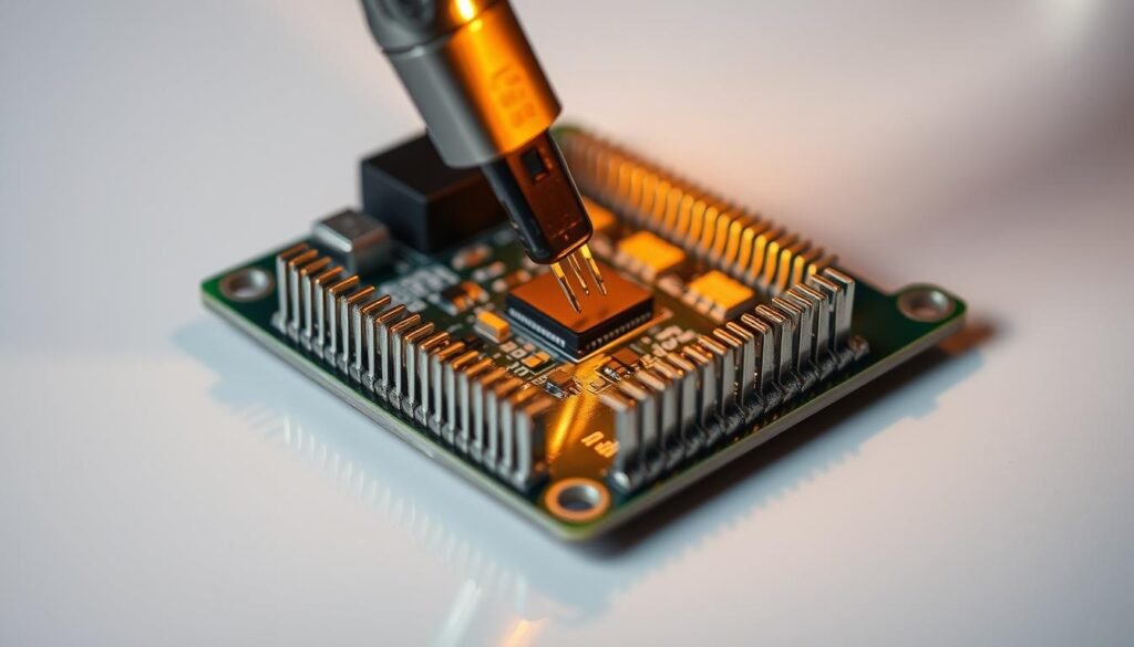A close-up view of a soldering iron delicately joining metal shield clips to the perimeter of a circuit board, creating a robust Faraday cage for the Informic Electronics RF module. The solder joints glisten under warm task lighting, casting subtle shadows that accentuate the intricate details. The board is situated on a clean, reflective surface, allowing the viewer to appreciate the precision and care taken during the shielding installation process. An atmosphere of focused craftsmanship pervades the scene, highlighting the importance of proper RF shielding techniques for high-performance electronics.