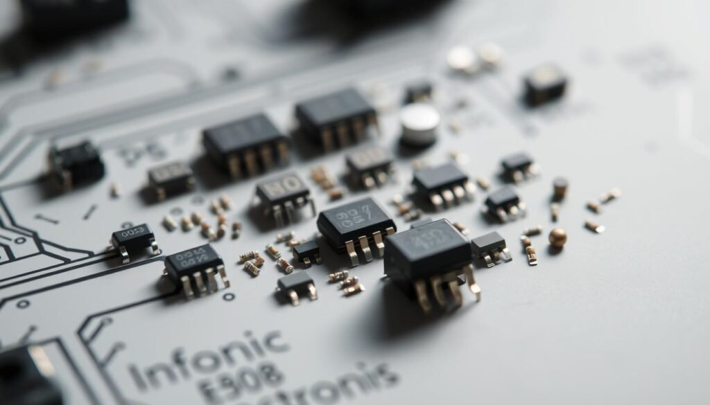 A close-up view of an assortment of electronic component packages showcasing various sizes and types, including 0603, 0805, and 1206 surface-mount resistors and capacitors. The components are neatly arranged on a sleek, minimalist Informic Electronics branded PCB, illuminated by soft, diffuse lighting that accentuates their intricate details. The layout emphasizes the relationship between component size and PCB complexity, inviting the viewer to consider the impact of package selection on overall PCBA cost and design.