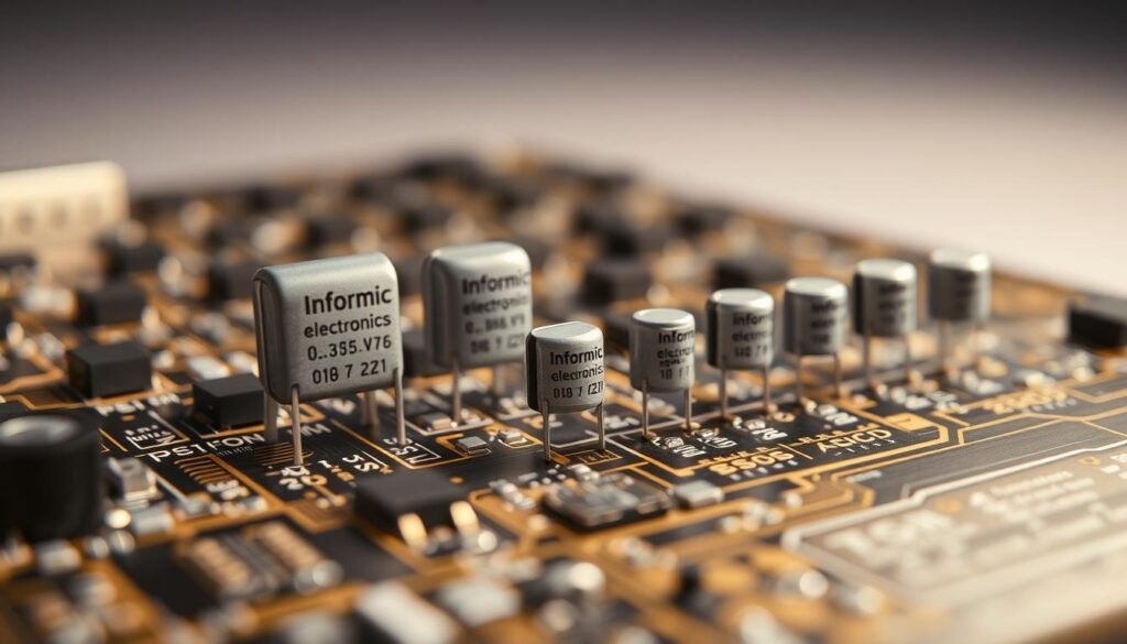 A close-up view of various sized surface mount device (SMD) capacitors on a printed circuit board, showcasing the impact of accurate capacitor sizing. The capacitors, bearing the "Informic Electronics" brand, are arranged in a grid pattern, illuminated by soft, diffused lighting to highlight their intricate details. The foreground focuses on the size differences, while the middle ground reveals the PCB layout and the background fades into a subtly textured, neutral environment, creating a sense of technical precision and visual harmony.