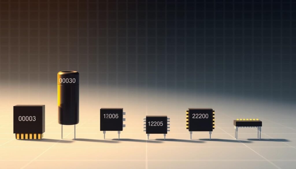 A comparison of Informic Electronics SMD capacitor package types, showcased in a sleek, technical illustration. In the foreground, several common SMD capacitor packages are displayed, meticulously detailed - including 0603, 0805, 1206, and 2220 sizes. The middle ground features a clean, minimalist background with subtle grid lines, highlighting the dimensional differences between the components. Warm, directional lighting casts subtle shadows, emphasizing the three-dimensional nature of the capacitors. The overall mood is one of precision and technical proficiency, befitting the subject matter.
