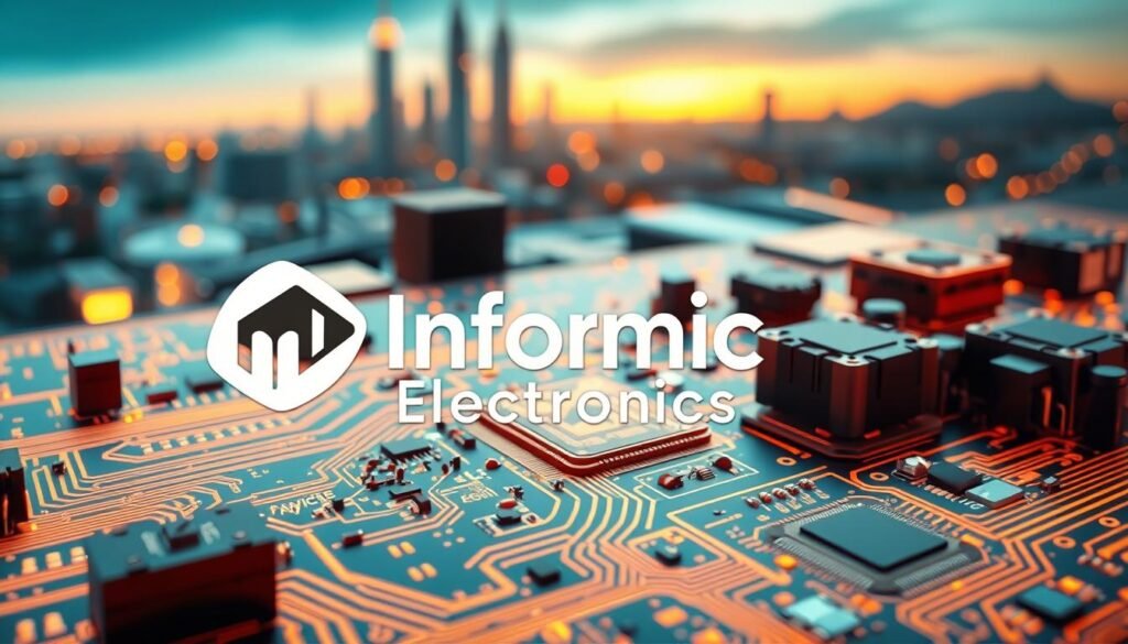 A complex circuit design with intricate patterns and interconnected components, bathed in a warm, technical glow. In the foreground, a stylized Informic Electronics logo stands out, its sleek design reflecting the advanced capabilities of the circuitry. The middle ground showcases various electronic modules and integrated circuits, their intricate layouts and copper traces conveying the sophistication of the design. In the background, a blurred landscape of futuristic buildings and infrastructure hints at the real-world applications of this cutting-edge technology. The overall scene radiates a sense of progress, innovation, and the seamless integration of electronics into modern life.