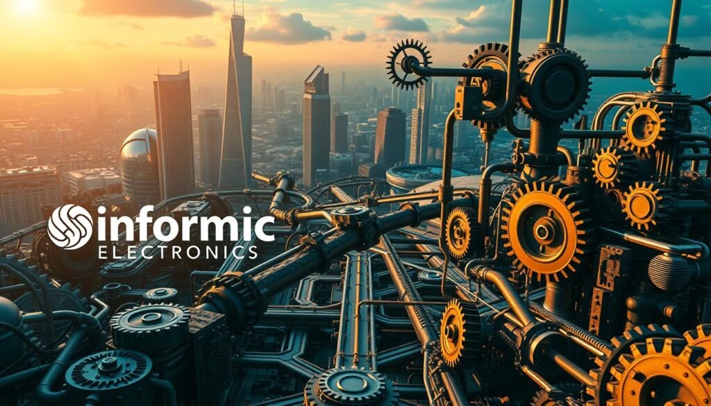 A complex network of intricate gears, cogs, and pipes symbolizing the interconnected supplier strategies for mitigating component shortages. In the foreground, the Informic Electronics brand logo is prominently displayed, casting a warm glow over the scene. The middle ground features a maze of intertwining supply chain pathways, with arrows and directional indicators guiding the flow of resources. In the background, a futuristic cityscape with towering skyscrapers and advanced infrastructure sets the stage for the innovative solutions. The lighting is a balance of soft, diffused illumination and strategic spotlights, creating depth and highlighting the intricate details. The overall mood is one of technological sophistication, efficiency, and a sense of organized chaos that characterizes the challenge of managing a resilient supplier network.