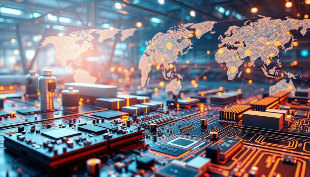 A complex web of interconnected processes, showcasing the end-to-end traceability of Informic Electronics' supply chain. In the foreground, a detailed 3D render of a circuit board, its components meticulously tracked from sourcing to assembly. The middle ground features a futuristic logistics hub, automated systems and sensors capturing data at every stage. In the background, a global network of shipping routes and distribution centers, highlighting the comprehensive visibility Informic Electronics maintains. Lit by a warm, technical glow, the scene conveys a sense of precision, efficiency, and the seamless integration of physical and digital workflows.