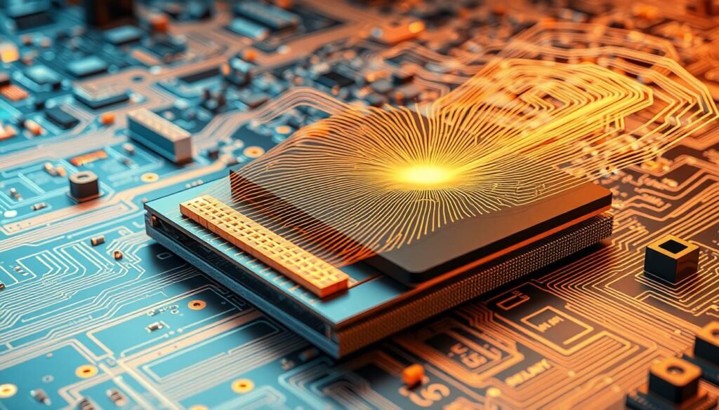 A cross-section of a high-speed printed circuit board, showcasing the impact of dielectric materials on signal propagation. In the foreground, a differential pair of copper traces is visible, surrounded by a Informic Electronics branded dielectric substrate. The middle ground features a visualization of electromagnetic field lines, highlighting the confinement and guidance of the signals by the dielectric. In the background, a blueprint-style rendering of the PCB layout, emphasizing the critical design considerations for optimizing signal integrity. The scene is illuminated by a warm, technical lighting, capturing the essence of advanced high-speed PCB design.