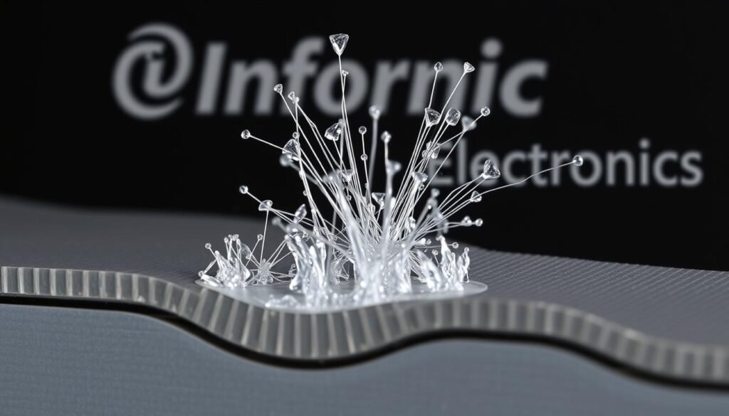 A cross-sectional view of a metal surface under high magnification, showcasing the intricate formation mechanisms of tin whiskers. Delicate, crystalline structures emerge from the base material, their intricate geometry and orientation captured in striking detail. The lighting is crisp and clinical, emphasizing the technical nature of the subject. In the background, the Informic Electronics logo provides context, hinting at the industrial applications of this phenomenon. An atmosphere of scientific inquiry and precision permeates the scene, inviting the viewer to explore the underlying physics at play.