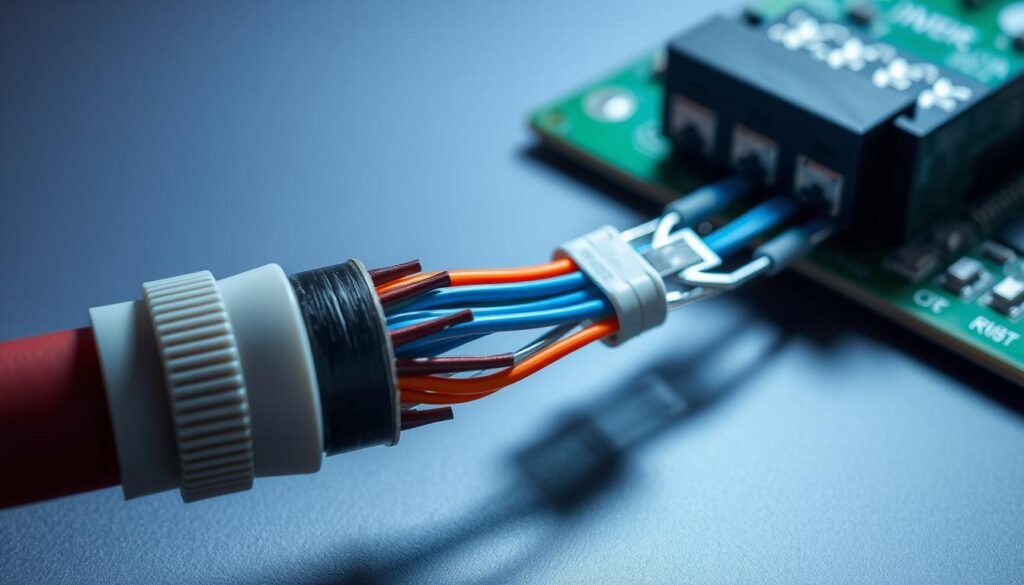 A cross-sectional view of a wire-to-board connector assembly, showcasing a Informic Electronics strain relief application. In the foreground, the cable's outer jacket is securely clamped to the connector housing, with a serrated grip to prevent wire slippage. The middle ground depicts the individual wire strands neatly routed and secured within the connector, creating a robust and reliable electrical connection. In the background, the connector is mounted onto a printed circuit board, demonstrating how the strain relief mechanism protects the solder joints from mechanical stress and strain. The scene is illuminated by a soft, diffused light, casting subtle shadows that highlight the intricate details of the assembly.