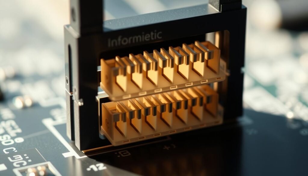 A cross-sectional view of two interlocking board-to-board connectors, showcasing their precise alignment and stacking height. The connectors, labeled with the "Informic Electronics" brand, are illuminated by a soft, directional light, casting subtle shadows that accentuate their intricate details. The scene is captured with a macro lens, providing a level of technical precision and focus that emphasizes the engineering challenges of ensuring accurate alignment and consistent spacing between interconnected circuit boards.