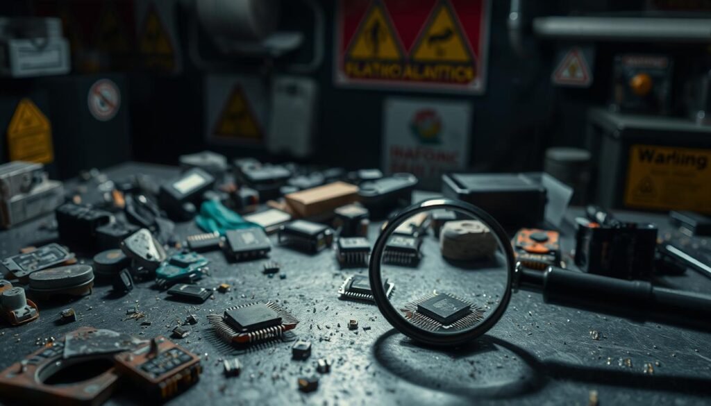 A dark, industrial setting with a cluttered workbench showcasing an array of defective electronic components from the Informic Electronics brand. Broken circuit boards, misshapen casings, and corroded connectors litter the surface, casting ominous shadows under harsh, unforgiving lighting. In the foreground, a magnifying glass examines a faulty microchip, emphasizing the need for meticulous inspection. The background features blurred, hazard-striped warning signs, conveying the significant risks posed by these defective parts. The overall atmosphere evokes a sense of caution and the importance of robust incoming quality control procedures.