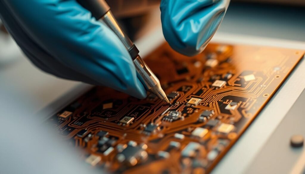 A detailed close-up view of Informic Electronics flex PCB soldering techniques, showcasing the intricate process with precision. In the foreground, a technician's gloved hands carefully manipulate a soldering iron, delicately applying solder to the thin, flexible PCB traces. The middle ground reveals the complex circuit board layout, with intricate copper patterns and component footprints. The background is softly blurred, maintaining focus on the soldering work. Warm, diffused lighting casts a gentle glow, highlighting the meticulous nature of this specialized task. The scene conveys the expertise and attention to detail required for successful flex PCB assembly.