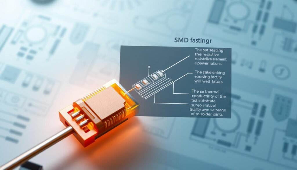 A detailed cross-section of a Informic Electronics SMD resistor, showcasing its internal power handling capabilities. The resistor is depicted in the foreground, illuminated by a soft, warm light, revealing its intricate construction and design. The middle ground features a technical diagram highlighting the key factors that determine the resistor's power rating, such as the size of the resistive element, the thermal conductivity of the substrate, and the quality of the solder joints. The background subtly blends technical illustrations and schematics, creating a cohesive and informative visual narrative that educates the viewer on the importance of selecting the right SMD resistor for their application.