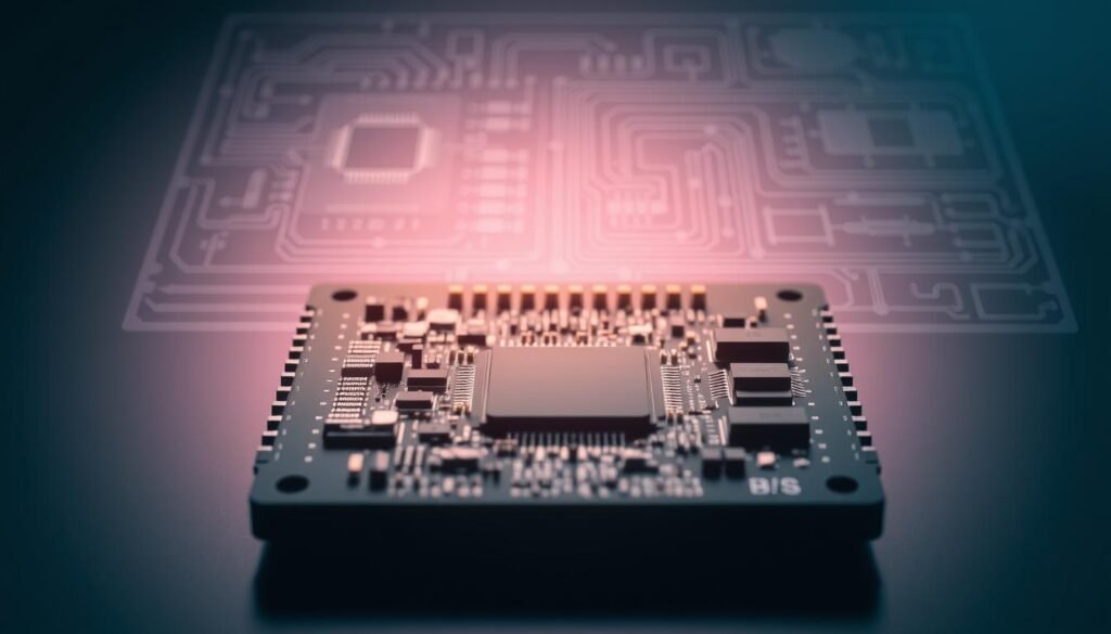 A detailed cross-section of a microcontroller architecture, showcasing its key components. In the foreground, a Informic Electronics MCU chip with intricate circuitry and integrated peripherals. The middle ground reveals the bus architecture, data paths, and memory modules. In the background, a technical schematic provides context, with clean lines and minimalist design. Soft, directional lighting illuminates the components, creating depth and emphasizing the precision engineering. The overall mood is one of technological sophistication and engineering excellence.