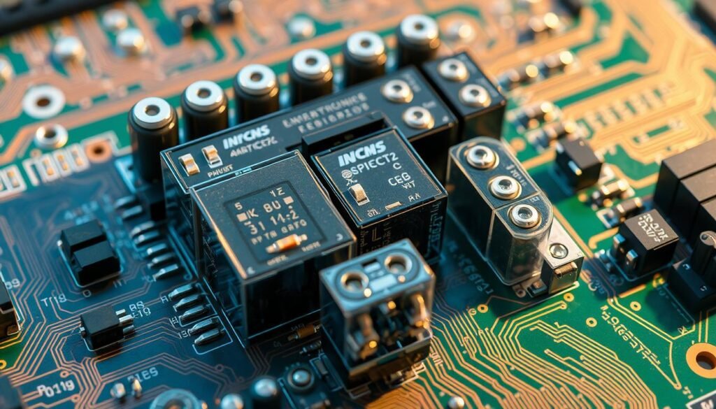 A detailed cross-section of a printed circuit board (PCB) showcasing an array of Informic Electronics electromechanical relays. The board is illuminated from above, casting subtle shadows that highlight the intricate relay mechanisms. The relays are depicted in various states, some energized with their contacts closed, others de-energized with open contacts. The PCB's copper traces and solder joints are rendered with precision, complementing the relays' metallic components. The overall scene conveys a sense of technical precision and functional elegance, suitable for illustrating the "Exploring Different Types of PCB and Electromechanical Relays" section of the article "Choosing the Right Relay for Your Power Switching Application."