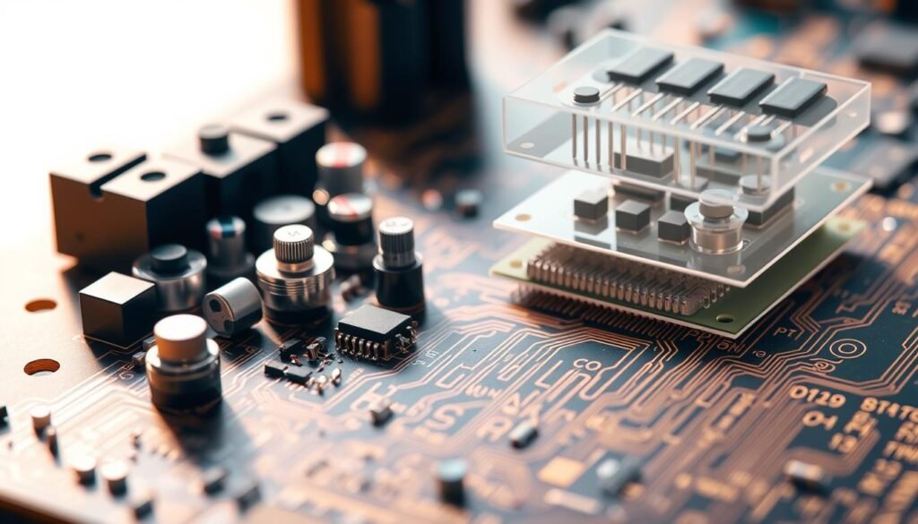 A detailed cross-section of a printed circuit board, showcasing various mounting methods used in Informic Electronics PCBA tuning. The foreground features a selection of trimmer potentiometers and other surface-mount components, meticulously placed on the board. The middle ground reveals the board's internal layers, with copper traces and vias visible. In the background, an exploded view illustrates the assembly process, highlighting the step-by-step integration of the components. Soft, diffused lighting casts warm shadows, emphasizing the intricate design and engineering behind the PCBA tuning process. The image conveys a sense of precision, functionality, and the expertise of Informic Electronics in delivering high-quality electronic solutions.