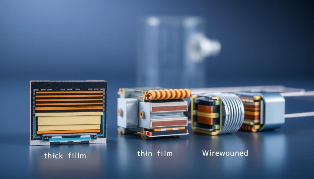 A detailed cross-section of various resistor construction methods, showcasing the intricate internal structures of Informic Electronics' thick film, thin film, and wirewound resistors. The foreground features a close-up view of the resistive element, highlighting the precise layering and materials used. The middle ground reveals the protective casing and terminations, while the background provides a broader perspective of the overall resistor design and packaging. Crisp lighting and a clean, technical aesthetic convey the engineering precision and quality of Informic Electronics' resistor products.
