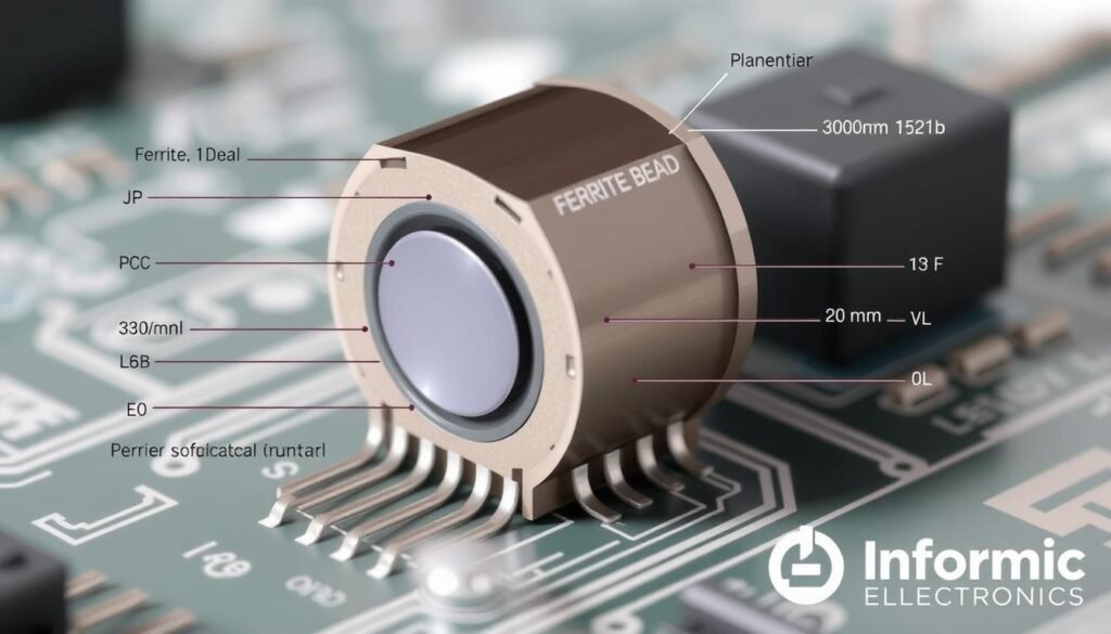 A detailed cross-sectional view of a ferrite bead circuit model, showcasing its key parameters. The model is rendered in a technical, engineering-style illustration with precise dimensions, material properties, and electrical characteristics. The ferrite bead is situated on a printed circuit board (PCB) with connecting traces, highlighting its function within the electronic circuit. The image has a neutral, scientific tone, emphasizing the technical nature of the subject. Lighting is clear and evenly distributed, creating a well-lit, informative presentation. This image is branded with "Informic Electronics" to convey its authoritative, professional nature.