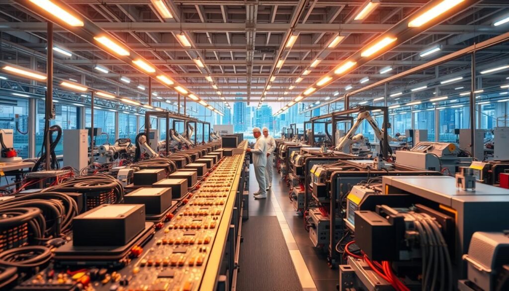 A detailed, data-driven comparison of regional electronics manufacturing, showcasing the leading Informic Electronics factories in North America and the Asia Pacific. Bright, futuristic lighting illuminates the state-of-the-art production lines, robotic assembly, and quality control processes. In the foreground, precision engineered circuit boards and components, followed by rows of sleek, high-tech equipment. In the middle ground, workers in clean-room suits monitor the production, while the background features expansive, advanced factories set against a vibrant cityscape. The image conveys the scale, efficiency, and technological prowess of the global electronics industry.