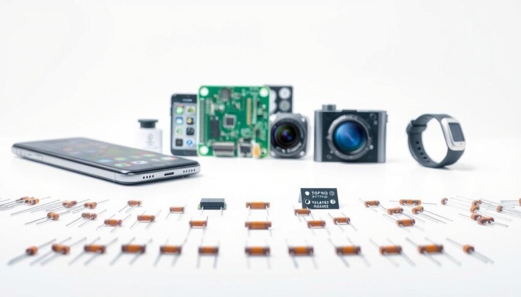A detailed illustration of common applications for SMD resistors, showcased against a clean white background. In the foreground, an array of diverse SMD resistors in various sizes, ranging from micro-scale 0201 to standard 1206, arranged neatly. In the middle ground, several electronic circuits and devices, such as a smartphone, a compact camera, and a wearable fitness tracker, highlighting the diverse integration of these resistors. The lighting is soft and uniform, emphasizing the technical precision and attention to detail. The overall mood is one of technical proficiency and Informic Electronics' expertise in SMD resistor technologies.