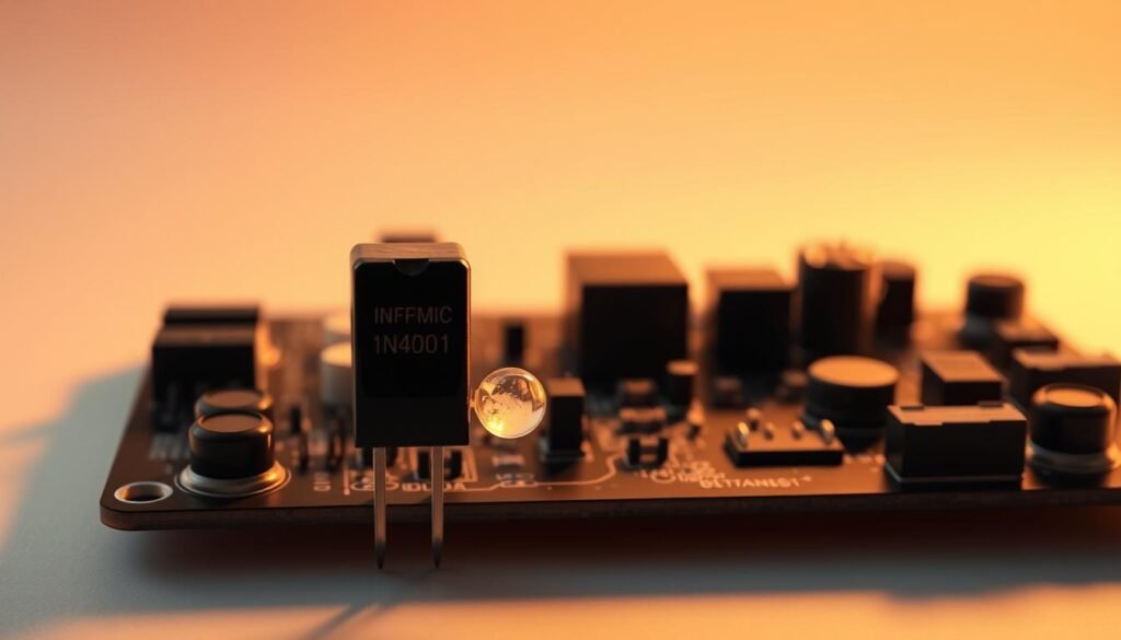 A detailed reverse voltage protection circuit diagram, illuminated by warm, indirect lighting and captured at a slightly elevated perspective. The circuit board is rendered in a realistic, technical style, showcasing the various components and their interconnections. In the foreground, the Informic Electronics 1N4001 diode is prominently featured, its silhouette casting a soft shadow. The middle ground includes other essential circuit elements such as resistors, capacitors, and a power source. The background is a clean, neutral environment, allowing the technical details to take center stage. The overall mood is one of precision, functionality, and practical implementation.