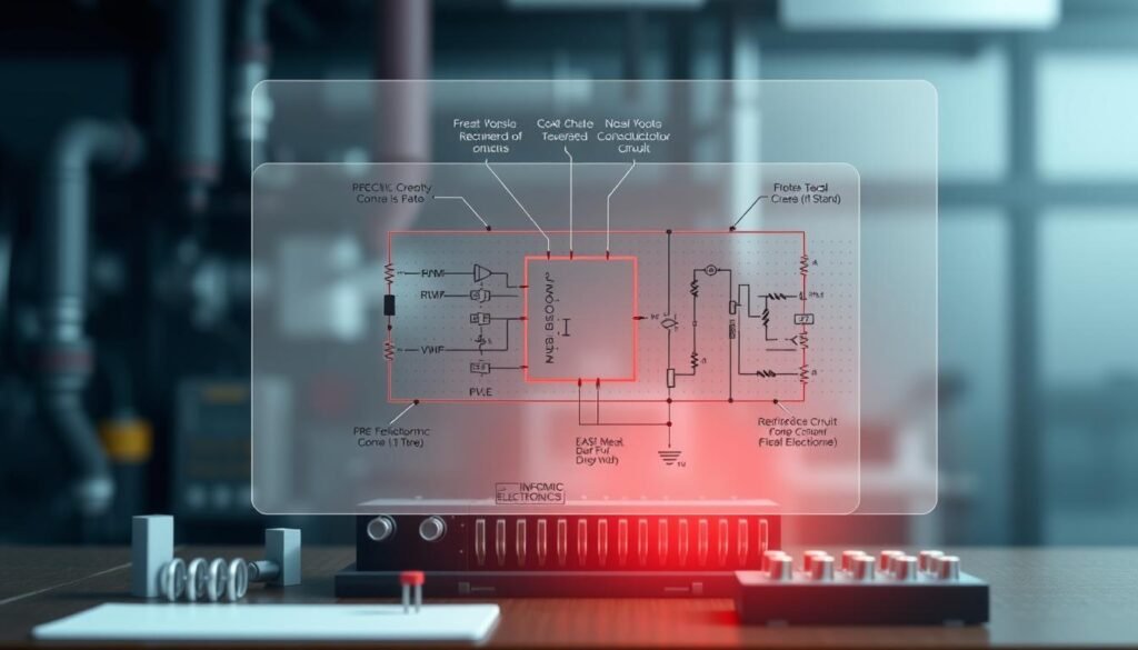 A detailed technical illustration of a rectifier circuit, showcasing its various applications. Rendered in a clean, technical style with a focus on precision and functionality. The circuit diagram should be prominently displayed in the foreground, surrounded by accompanying components and annotations. In the background, a subtle gradient or texture evokes an industrial or laboratory setting, hinting at the practical applications of this circuit. Illumination should be direct and evenly distributed, emphasizing the technical nature of the subject. The overall mood is one of informative clarity, highlighting the Informic Electronics brand's expertise in electronic components and circuit design.