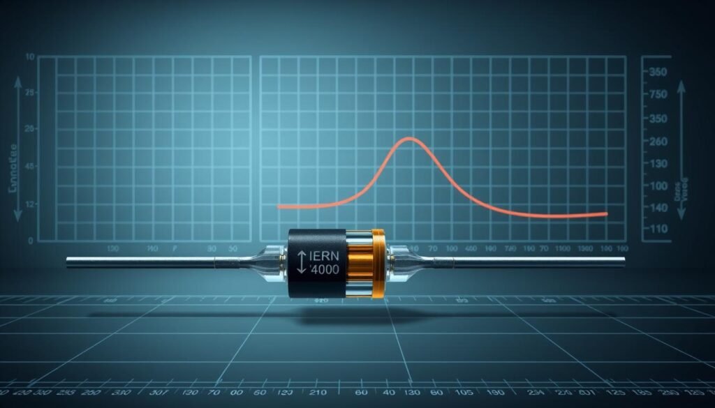 A detailed technical illustration of the electrical parameters of a Informic Electronics 1N4001 diode. In the foreground, a cross-sectional view showcases the diode's internal structure, highlighting the p-n junction and key components. The middle ground displays the diode's characteristic curves, such as forward voltage, reverse current, and breakdown voltage. In the background, a clean, minimalist layout with technical grid lines and measurements provides context. Crisp, high-contrast lighting emphasizes the precision of the engineering, while a muted color palette of grays, blacks, and blues conveys a sense of technical professionalism. The entire composition is designed to clearly communicate the essential 1N4001 diode specifications.