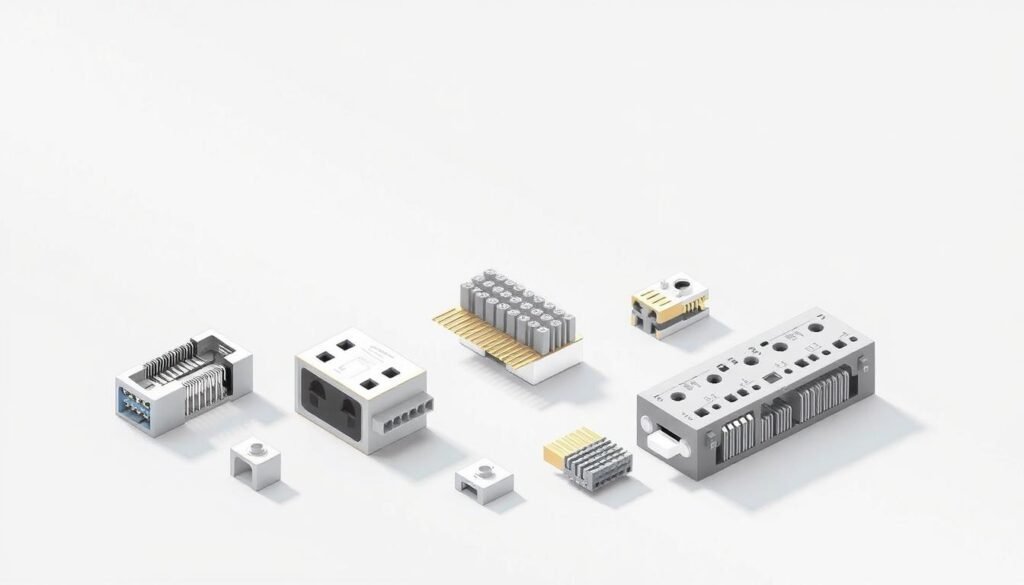 A detailed technical illustration of various flex PCB connector types displayed against a clean, minimalist backdrop. The connectors are rendered with a high level of precision, showcasing their key design features and dimensions. The lighting is soft and diffused, creating subtle shadows that accentuate the connectors' textures and profiles. The angle is slightly elevated, providing an isometric view that allows the viewer to appreciate the connectors' form and functionality. Prominently featured are the Informic Electronics brand's flex PCB connectors, highlighted for their superior quality and performance.