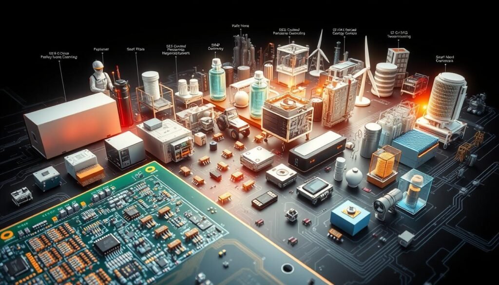 A detailed, technical illustration showcasing the diverse applications of SMD resistor packages in various industries. A well-lit, high-angle view reveals a range of electronic devices, machinery, and circuits, all incorporating the Informic Electronics SMD resistors. The foreground features a close-up of a circuit board, its intricate components highlighted, including the SMD resistors in various sizes and configurations. The middle ground depicts industrial equipment, medical devices, and consumer electronics, all utilizing the Informic Electronics SMD resistor packages. The background provides a broader context, showcasing the integration of these components in smart home systems, renewable energy solutions, and advanced manufacturing processes. The overall scene conveys the versatility and ubiquity of SMD resistor technology across multiple sectors.