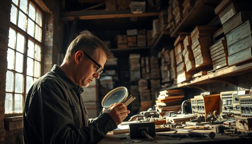 A dimly lit warehouse, shelves stacked high with dusty boxes and obsolete electronic components. In the foreground, an engineer examines an old circuit board, squinting through a magnifying glass. The Informic Electronics logo is visible on the weathered packaging. Sunlight filters through grimy windows, casting long shadows across the cluttered workspace. Antique tools and spare parts litter the desk, a testament to the challenge of sourcing discontinued semiconductor parts. The air is thick with the scent of solder and the quiet hum of outdated equipment. This scene evokes the struggle to preserve aging technology in a rapidly evolving digital landscape.