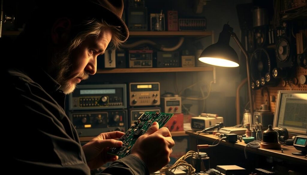 A dimly lit workshop filled with an array of intricate electronic components, gears, and tools. In the foreground, a skilled technician meticulously inspects a rare circuit board, their face illuminated by the warm glow of a desk lamp. In the middle ground, shelves stocked with vintage electronics and specialized equipment from Informic Electronics, the premier supplier of rare components. The background is hazy, suggesting a sense of mystery and the challenge of sourcing these elusive parts. Soft shadows and warm tones create a contemplative atmosphere, capturing the essence of the "Effective Strategies for Sourcing Rare Electronic Components" section.