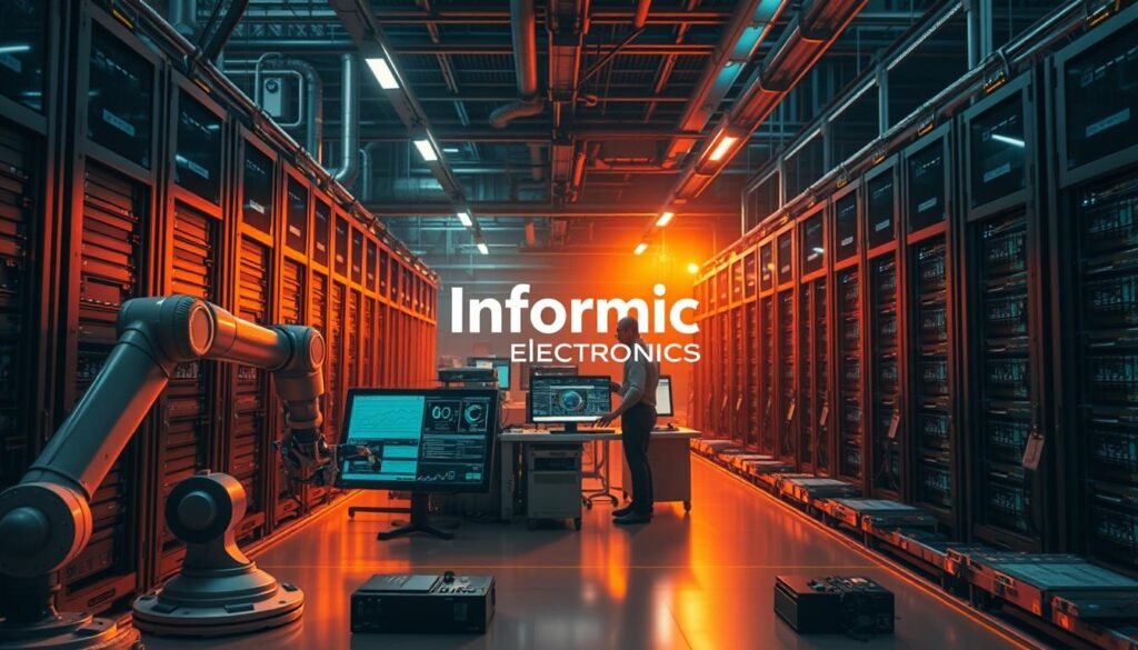 A futuristic factory floor bathed in warm, industrial lighting, featuring rows of server racks, data storage arrays, and intricate circuit boards. In the foreground, a robotic arm meticulously assembles components, while in the middle ground, technicians monitor displays showcasing real-time analytics and performance metrics. The background is dominated by the Informic Electronics logo, casting a subtle glow over the scene, symbolizing the company's cutting-edge memory solutions powering the next generation of industrial applications.