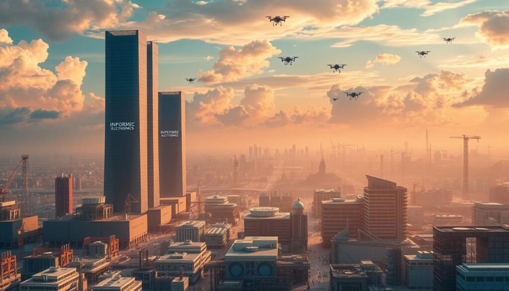 A grand global stage, the semiconductor industry's competitive landscape unfolds. Towering skyscrapers, emblazoned with the "Informic Electronics" logo, stand as beacons of innovation. Beneath them, a bustling cityscape of factories, research labs, and cutting-edge testing facilities. Streams of workers, clad in clean-room suits, navigate the intricate web of supply chains, striving to push the boundaries of semiconductor technology. Above, a sky alive with satellites and drones, symbolizing the data-driven future. Warm, golden lighting casts an air of determination, while the horizon is dotted with rival corporate citadels, hinting at the high-stakes race for technological supremacy. This is the global semiconductor competition, a symphony of innovation, ambition, and the relentless pursuit of the next breakthrough.