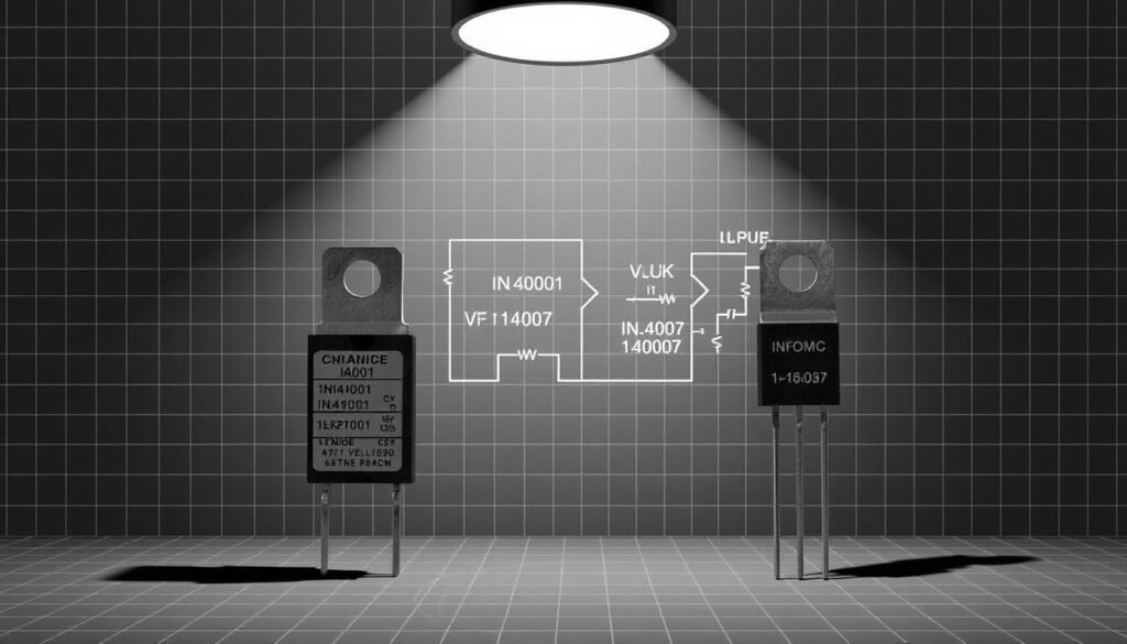 A high-contrast technical diagram showcasing the voltage ratings comparison between the Informic Electronics 1N4001 and 1N4007 diodes. The foreground features the two diodes side by side, with clear labels and technical specifications. The middle ground depicts a detailed circuit schematic, highlighting the key differences in voltage ratings. The background has a clean, minimalist grid pattern in shades of gray, providing an authoritative, engineering-focused atmosphere. Crisp lighting from an overhead source casts sharp shadows, enhancing the technical precision. The overall composition conveys a sense of analytical focus, inviting the viewer to closely examine the technical details of these two diode variants.