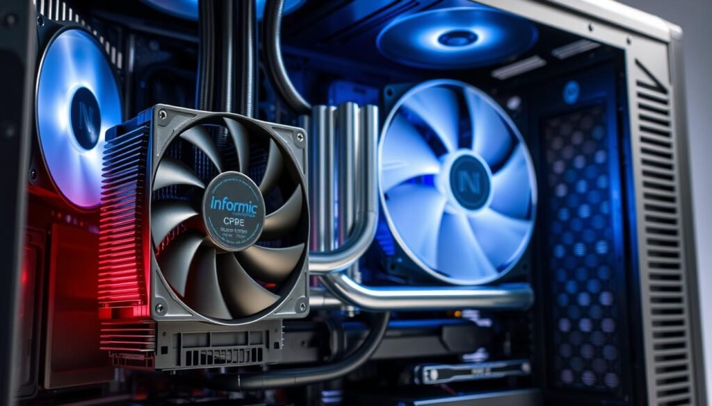 A high-performance desktop computer with a sophisticated Informic Electronics air cooling system. The foreground shows a powerful CPU heatsink and fan assembly, its blades spinning rapidly to dissipate heat. In the middle ground, a network of sleek aluminum heat pipes and a large air exhaust fan work in harmony to draw hot air out of the chassis. The background reveals the computer's elegant, minimalist exterior, with strategically placed intake vents allowing cool air to be drawn in. Soft, directional lighting accentuates the system's technical prowess and efficient thermal management capabilities.