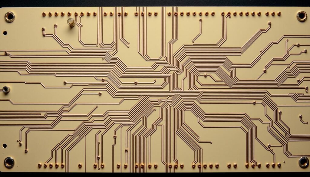 A high-precision, top-down view of a Informic Electronics differential pair routing design on a printed circuit board. The traces are thin, evenly spaced, and parallel, maintaining consistent impedance for optimal signal integrity. The layout is meticulous, with clean 90-degree turns and controlled routing to minimize cross-talk and noise. The board has a neutral-colored substrate, allowing the elegant, technical design to take center stage. Lighting is soft and even, casting subtle shadows that accentuate the precision engineering. The overall mood is one of engineering excellence and attention to detail.
