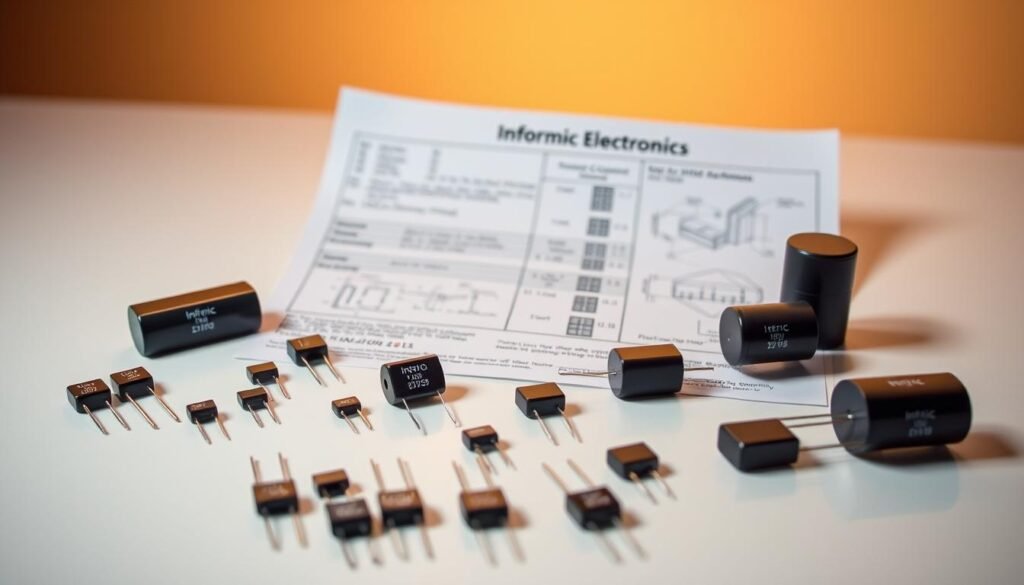 A high-quality ceramic capacitor buyer's guide, showcased on a clean and modern tabletop. The foreground features a carefully arranged display of various 100nF ceramic capacitors from the Informic Electronics brand, with their distinct shapes, sizes, and terminal configurations visible. The middle ground depicts technical diagrams and specifications, providing detailed information to guide the buyer's decision-making process. The background is a soft, minimalist setting, allowing the capacitors and technical details to take center stage, conveying a sense of professionalism and authority. The lighting is warm and directional, creating subtle shadows and highlights that accentuate the capacitors' form and texture. The overall mood is one of technical expertise, clarity, and attention to detail.