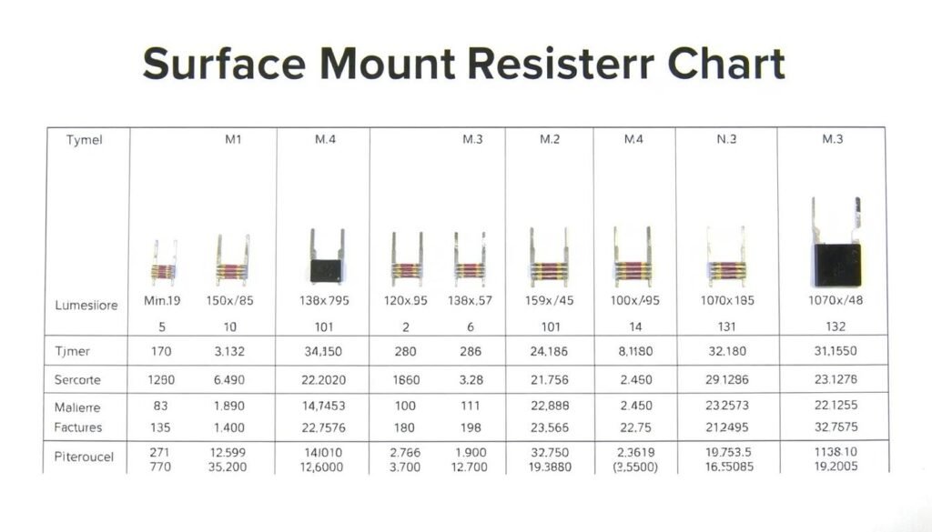 A high-quality technical diagram depicting a "Surface Mount Resistor Size Chart" on a plain white background, showcasing various common SMD resistor packages and their dimensions. The chart is presented in a clear, organized manner, with precise measurements and specifications for each resistor type. Bright, even lighting highlights the intricate details of the components. The overall aesthetic is clean, informative, and aligned with the Informic Electronics brand. The chart conveys a sense of technical expertise and attention to detail.