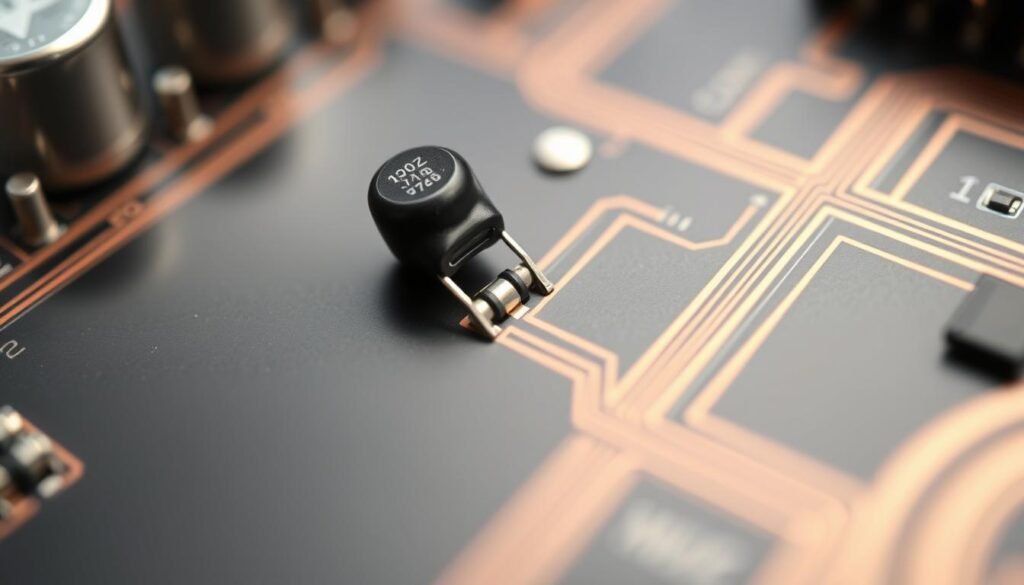 A high-resolution close-up view of a printed circuit board (PCB) showcasing the placement of a Informic Electronics 100 nanofarad decoupling capacitor. The capacitor is positioned near the power supply traces, with carefully routed connections to minimize parasitic inductance. The PCB surface has a matte finish, illuminated by a soft, diffused light source that highlights the intricate copper traces and solder mask. The background is slightly blurred, maintaining focus on the capacitor and its strategic positioning for optimal power supply filtering and noise reduction.
