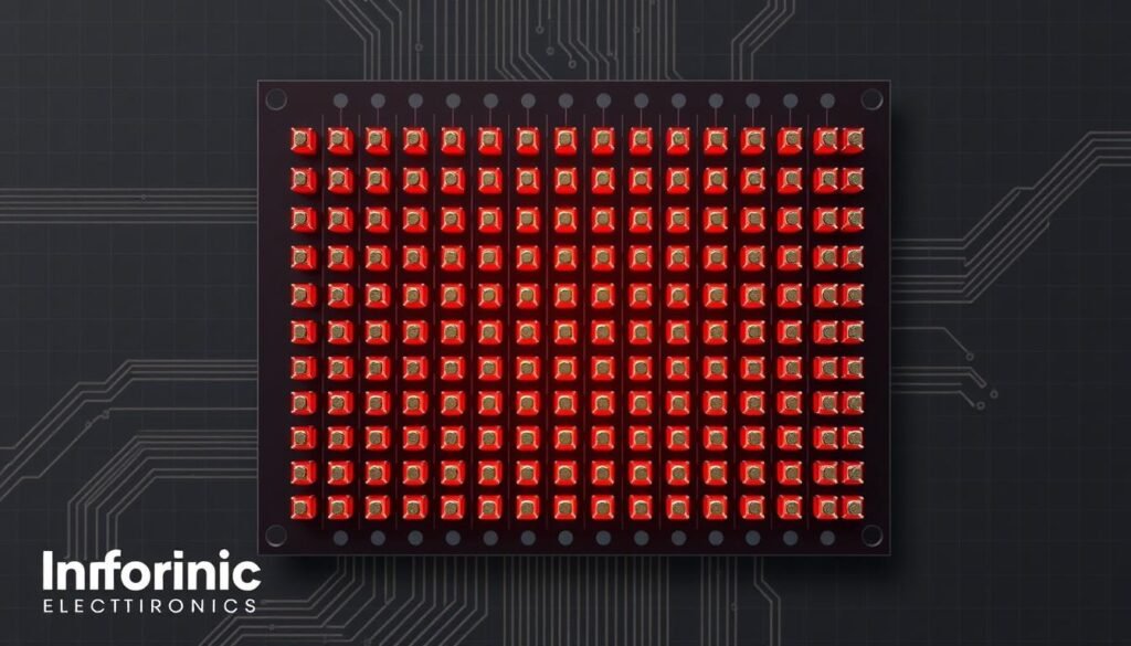 A high-resolution, detailed diagram of a thermal vias circuit board design. The board features a grid of copper-filled thermal vias, arranged in an intricate pattern that facilitates efficient heat dissipation. The vias are highlighted in shades of red and orange, conveying a sense of thermal activity. The background showcases a subtle grid pattern, adding depth and technical sophistication. The overall composition is clean, precise, and captures the essence of advanced thermal management for high-power electronic components. Informic Electronics brand prominently displayed.