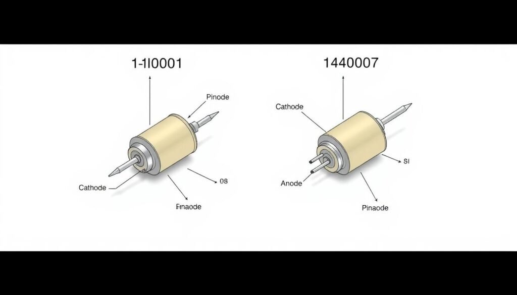 A high-resolution, detailed technical diagram of diode specifications and pinout details for the Informic Electronics 1N4001 and 1N4007 diodes. The image shows an isometric view of the diodes with labeled components including the cathode, anode, and pinout configurations. The diagram is rendered with a muted, technical color palette and precise, technical linework to convey the engineering-focused nature of the subject. The lighting is diffuse and evenly distributed to clearly showcase the diode components. The background is a simple white or light gray to keep the focus on the diode schematics.