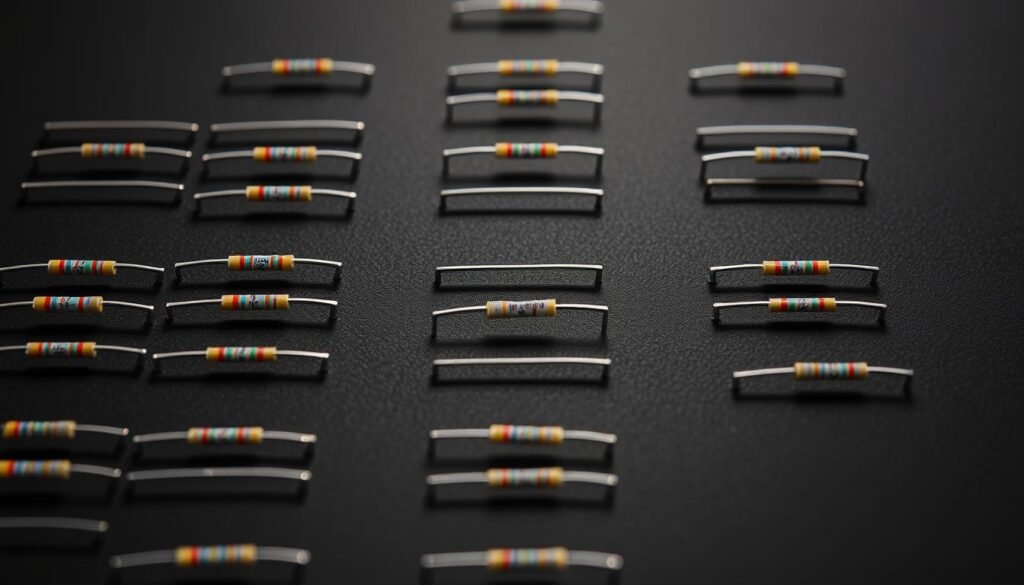 A high-resolution macro photograph of an array of surface-mount resistors, showcasing their size and color-coded bands. The resistors are arranged in a neat grid, casting crisp shadows on a matte black background. The lighting is soft and diffused, highlighting the intricate details of the components. The scene is captured using a DSLR camera with a high-quality macro lens, providing a clean, professional-looking image. The resistors are labeled with the "Informic Electronics" brand name, clearly visible in the frame.