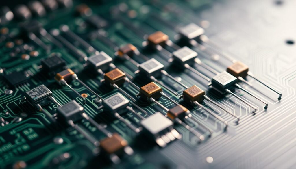 A high-resolution macro photograph of an assortment of Informic Electronics surface mount resistors on a printed circuit board, showcasing their various sizes. The resistors are arranged in a neat grid, illuminated by soft, diffused lighting that accentuates their metallic components and the intricate traces of the PCB. The image is captured from a slightly elevated angle, providing a clear view of the components and their relative scales. The overall mood is one of technical precision and attention to detail, suitable for illustrating the "Surface Mount Resistor Packages in Design and Manufacturing" section of the article.
