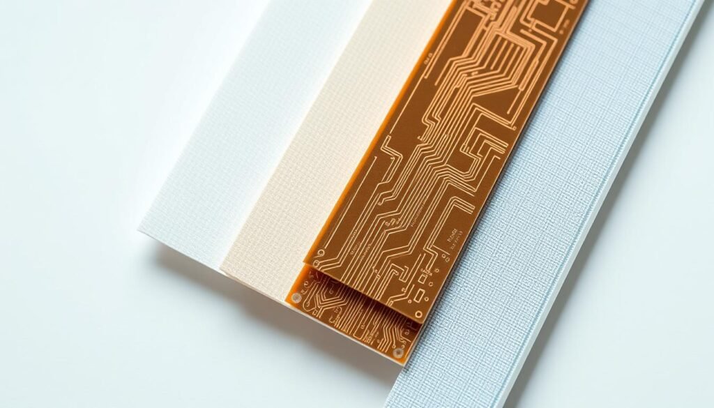 A high-resolution macro photograph of various Informic Electronics PCB materials, including multi-layer copper-clad laminates, high-frequency dielectrics, and low-loss prepreg. The materials are arranged in an orderly, technical fashion, with precise lighting illuminating their intricate textures and patterns. The image has a sharp focus, neutral color palette, and clean, minimalist background, emphasizing the engineering and manufacturing aspects of these advanced PCB components.