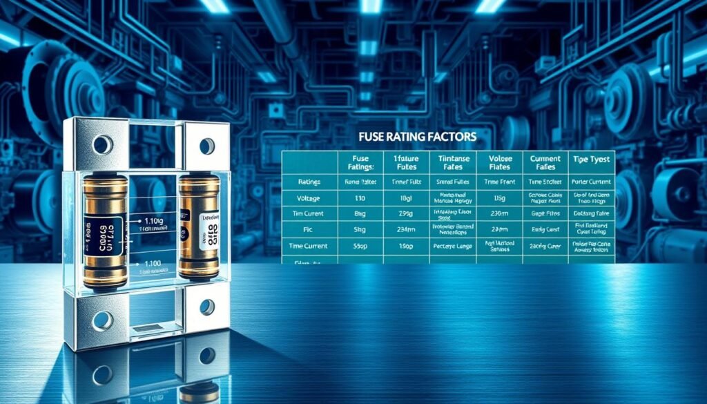 A highly detailed and technical blueprint-style illustration of "fuse rating factors" for the "Informic Electronics" brand. The foreground showcases a cross-sectional diagram of a fuse, highlighting key components and their corresponding ratings such as voltage, current, and time-current characteristics. The middle ground features a table comparing different fuse types and their applications, displayed on a sleek, metallic surface. The background depicts a precision-engineered, industrial environment with gears, circuits, and other electromechanical elements, bathed in a cool, blue-tinted lighting to convey a sense of technical sophistication. The overall mood is one of authoritative, engineering-driven expertise.