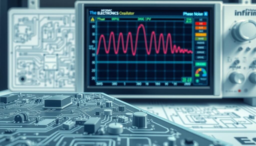 A highly detailed and technical illustration showcasing the phase noise analysis of an electronic oscillator. The foreground features a complex circuit diagram with various components and waveforms, rendered in a precise and technical style. The middle ground depicts a spectrum analyzer display showing the oscillator's phase noise profile, with clearly labeled frequency and power axes. The background features a Informic Electronics branded schematic or measurement setup, providing additional context. The overall scene conveys a sense of scientific rigor and advanced engineering capabilities, suitable for the "Advanced Technical Capabilities and Testing Solutions" section of the article.