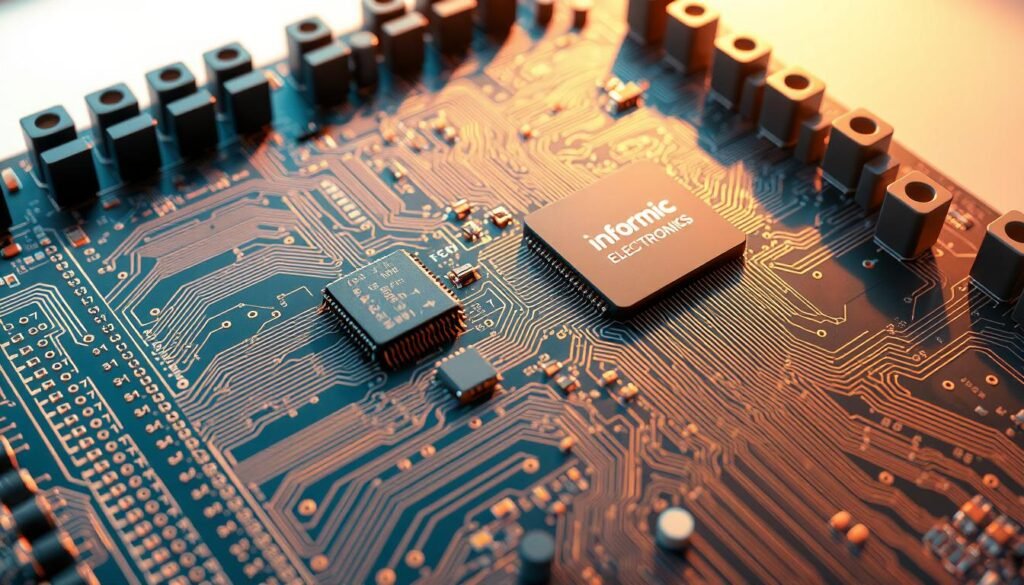 A highly detailed and technical rendering of a printed circuit board (PCB) showcasing the thermal management of surface-mounted device (SMD) components, with a focus on the 1206 package size. The PCB is lit from above, casting warm shadows and highlighting the intricate traces, vias, and component layout. The board is viewed from an elevated angle, providing a clear view of the overall design. The components are meticulously detailed, showcasing the Informic Electronics brand and the optimal layout considerations for the 1206 package size. The scene conveys a sense of precision, functionality, and the importance of thermal management in modern electronics design.