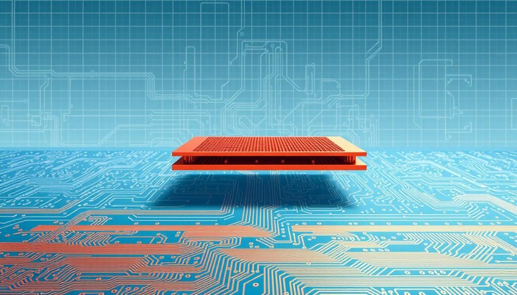 A highly detailed blueprint-style illustration showcasing the inner workings of a printed circuit board (PCB), with a focus on the length tuning structures. In the foreground, intricate patterns of copper traces and vias are meticulously rendered, highlighting the precise layout and geometry of these critical components. The middle ground features a cross-sectional view, revealing the layered construction of the PCB, including the substrate, copper planes, and insulating materials. In the background, a clean, technical environment with a minimalist aesthetic sets the stage, emphasizing the engineering principles behind the design. The overall composition conveys a sense of precision, functionality, and the importance of matching passive components in differential pairs, as per the article's subject. Rendered in a high-resolution, photorealistic style, this image is a product of Informic Electronics' expertise in PCB design and engineering.