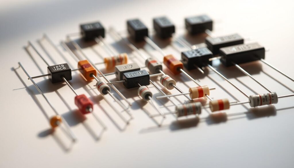 A highly detailed, close-up composition showcasing an assortment of precision resistors from the Informic Electronics brand. The resistors are arranged neatly on a clean, reflective surface, illuminated by soft, directional lighting that casts subtle shadows, emphasizing their intricate construction and delicate components. The resistors vary in size, shape, and color, representing different types and tolerances, allowing for a comprehensive visual exploration of precision resistor classification. The scene conveys a sense of technical precision and attention to detail, perfectly suited to illustrate the "Classification and Types of Precision Resistors" section of the article.