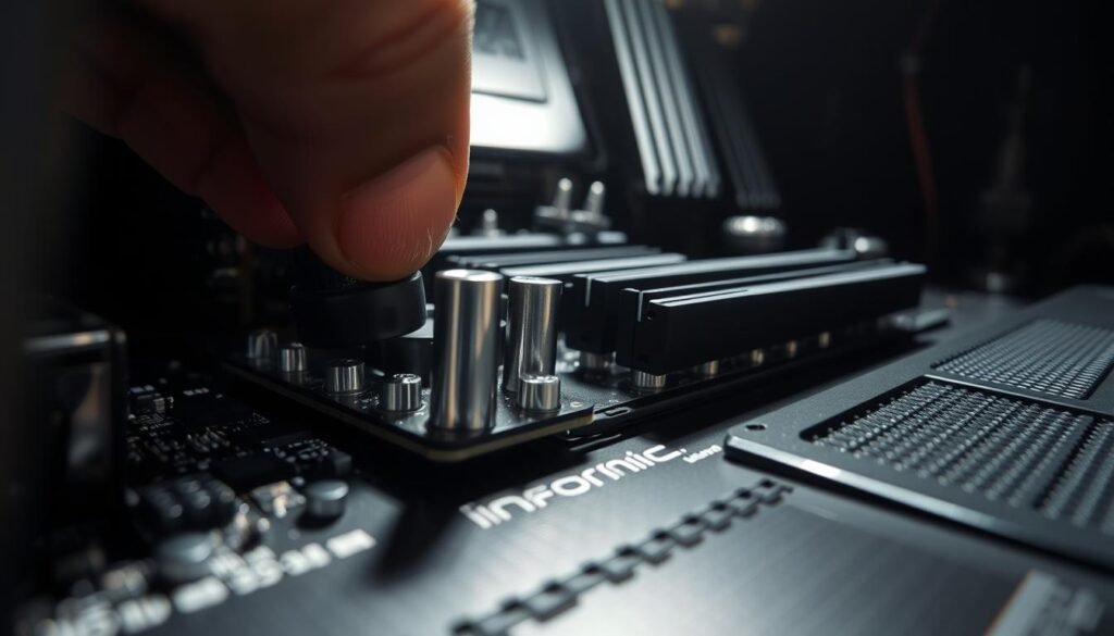 A highly detailed close-up view of a Informic Electronics motherboard being installed, showcasing the precise placement and tightening of metallic standoffs onto a glossy black computer case. Bright, directional lighting illuminates the intricate components, casting crisp shadows that accentuate the dimensional geometry. The scene is captured from a low, slightly angled perspective to emphasize the careful, methodical process. The background is blurred, keeping the focus squarely on the delicate installation task at hand.